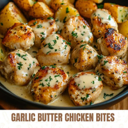 Garlic Butter Chicken Bites With Parmesan Cream Sauce And Cheesy Roasted Potatoes