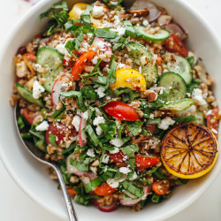 Farro With Dukkah, Things From The Garden, And Grilled Lemon