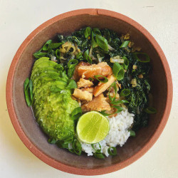 Rainbow Trout Rice Bowl With Omsom's Krapow Braised Kale