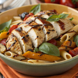 Balsamic Roasted Veggie Pasta With Grilled Chicken