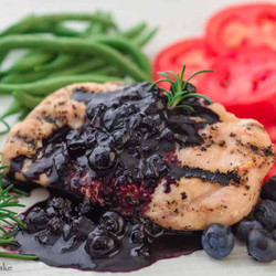 Chicken with Wild Blueberry-Balsamic Sauce, Rice, Steamed Broccoli