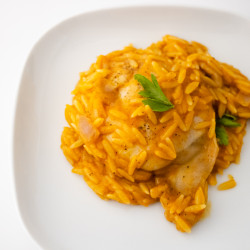 Pumpkin Orzo And Pan Seared Chicken Thighs