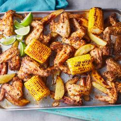 Piri-piri Chicken Wing, Wedges And Corn Traybake