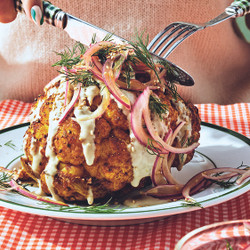 Shawarma-spiced Whole Roasted Cauliflower With Garlicky Tahini &amp; Quick-pickled Onions