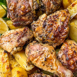 Greek Lemon Roast Chicken &amp; Potatoes With Green Cabbage Salad