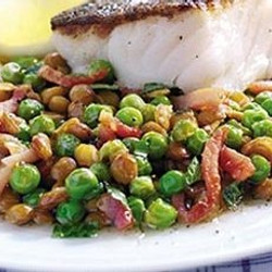 Braised Peas With Bacon, Lentils &amp; Cod