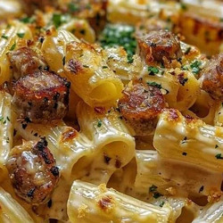 Creamy Roasted Garlic Sausage Alfredo Rigatoni