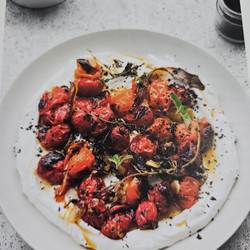 Hot charred cherry tomatoes with cold yoghurt - Ottolenghi