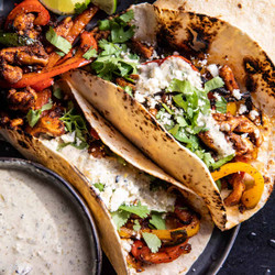 Skillet Chicken Fajitas With Creamy Jalapeño Verde Sauce.