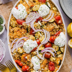 Dump And Bake Greek Chicken And Rice Casserole