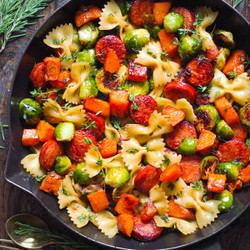 Autumn Dinner With Sausage, Pasta, Brussels Sprouts, And Butternut Squash