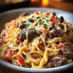 Steak Alfredo Spaghetti With Creamy Parmesan And Roasted Red Peppers