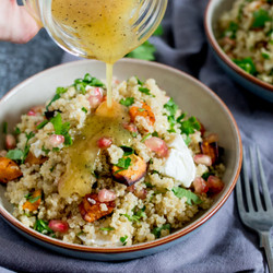 Warm Quinoa Salad Recipe With Roasted Sweet Potato, Goat Cheese And Pomegranate