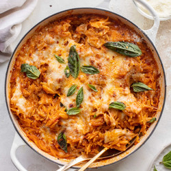 Cheesy Tomato Basil Baked Orzo