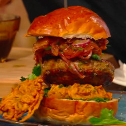 Dirty Lamb Burger, Sliced Onions And Aloo Pakora