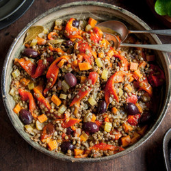 Roasted Peppers With Olives, Lentils &amp; Fried Halloumi