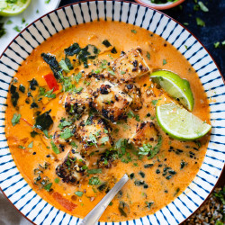 Red Curry Peanut Soup With Sesame Crusted Tofu
