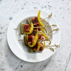 Mortadella, Pickle And Pepper Party Sticks