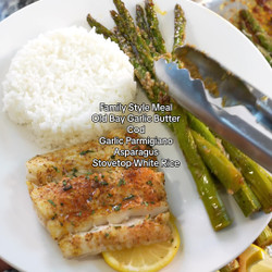 Old Bay Garlic Butter Cod, Garlic Parmigiano Asparagus, And Stovetop White Rice