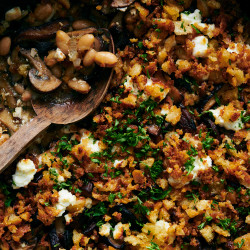 Baked Mushrooms And White Beans With Buttery Bread Crumbs