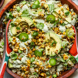 Charred Corn And Edamame Quinoa Salad With Scallion Ranch