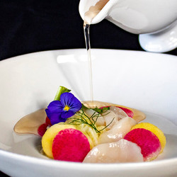 Scallop Crudo With Sour Apple Consume, Fennel, Apple, Radish And Horseradish Oil