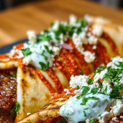 Greek Beef Wraps With Roasted Red Pepper Sauce