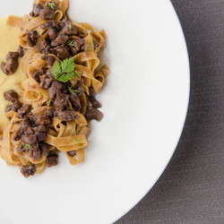Chickpea Flour Tagliatelle With Hare Ragù And Apple And Saffron Sauce