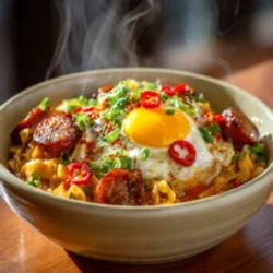 Spicy Cheddar Jalapeño Sausage Noodle Bowl With A Fried Egg