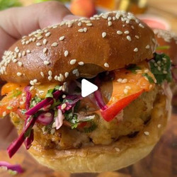 Asian Inspired Shrimp Burgers With Sesame Peach Slaw