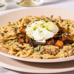 Risotto Van Orzo Met Burrata En Oesterzwammen Met Kruidenkaasblokjes En Oregano