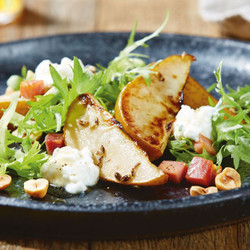Roasted Pear Salad With Hazelnuts, Cottage Cheese And Pancetta