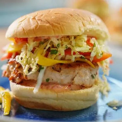 Honey Garlic Chile Burgers With Mango Slaw