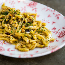 Casarecce With Scorched Leek, Radicchio And Squacquerone Cheese