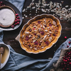 Baked Pumpkin, Cranberry, &amp; Raspberry Oatmeal With Vanilla Creme Fraiche