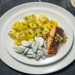 Fried Salmon With Creamy Cucumber Salad With Parsley Potatoes And Gremolata