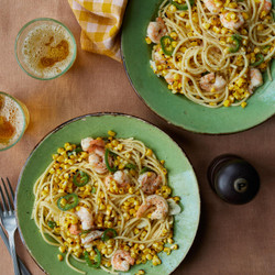 Charred Sweetcorn, Prawn And Green Chilli Spaghetti fish mains