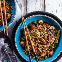 Sake And Ginger Soba Noodle Salmon Stir Fry.