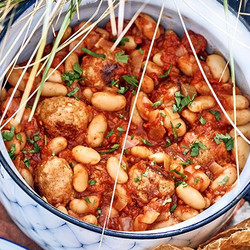 One-pan Smoky Beans &amp; Sausage Meatballs