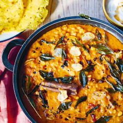 Aubergine Dal With Crispy Cauliflower, Green Chutney, Dosa And A Crunchy Salad