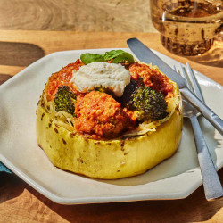 Spaghetti Squash Nests With Vodka Sauce, Broccoli &amp; Chicken Meatballs