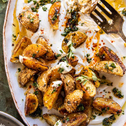 Crispy Oregano Roasted Potatoes With Creamy Feta Sauce