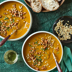 Squash And Sweet Potato Soup With Harissa-spiced Beans And Pine Nuts