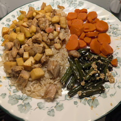Japanese BBQ glazed chicken with apples, green beans, and carrots