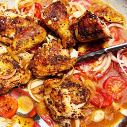 Spicy Vinegar Chicken Over Tomatoes