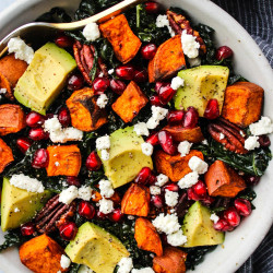 Massaged Kale Salad With Roasted Sweet Potatoes, Pomegranate &amp; Goat Cheese