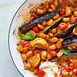 Roasted Aubergines And Butter Beans In Chilli Pesto