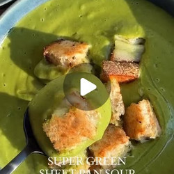Super Green Sheet Pan Soup With Pesto Grilled Cheese Croutons