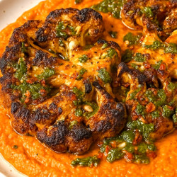 Cauliflower Steaks With Roasted Red Pepper Sauce &amp; Chimichurri