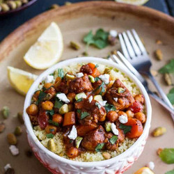 One Pot Moroccan Chicken + Chickpeas With Pistachio Couscous And Goat Cheese.